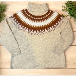 Aspen Nordic Knit Turtleneck Sweater Cream Beige Rust Geometric Fair Isle L